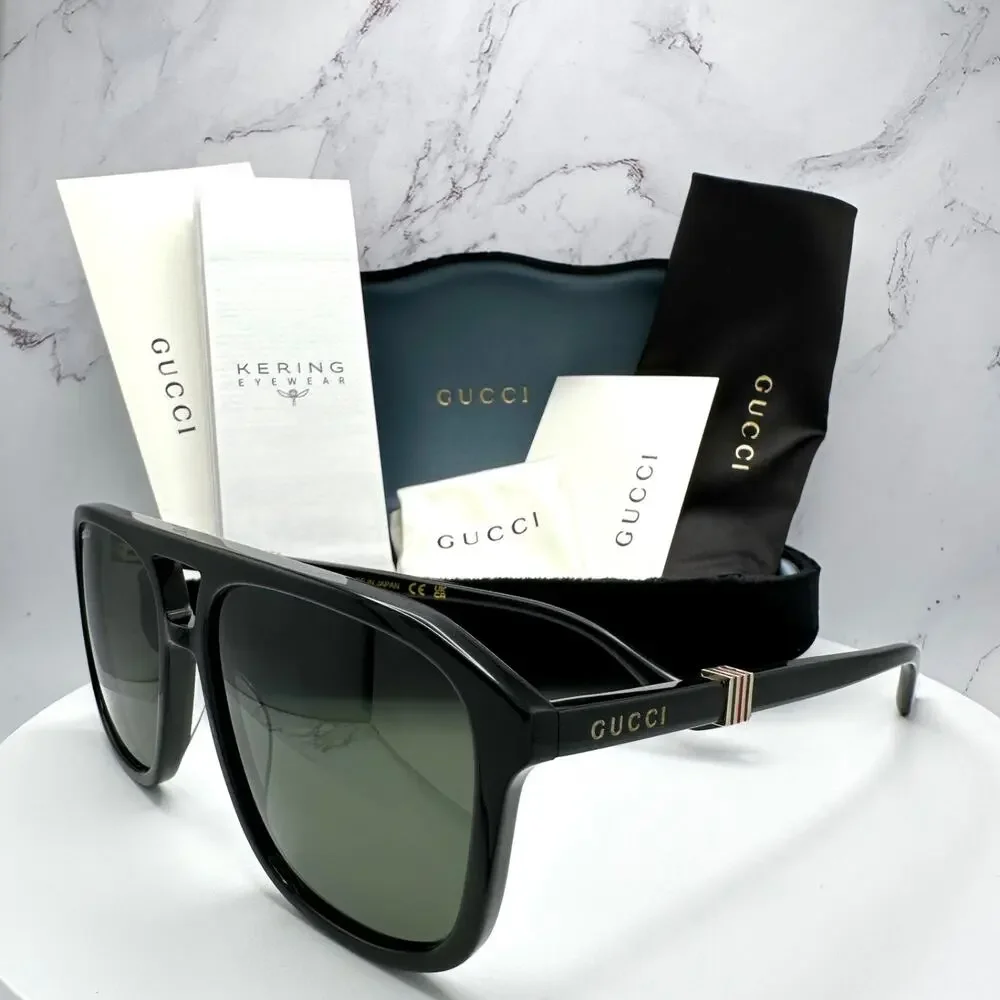New GUCCI Sunglasses Black Aviator Pilot Gold Logo Metal Red Green Web Gucci